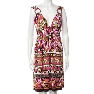 Milly Viscose Blend Pink & Brown Print Deep V Front Faux Wood Strap Detail Sz Me